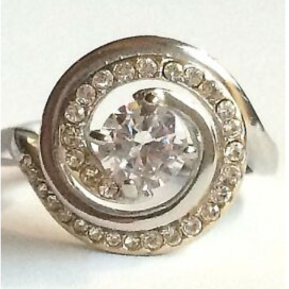 Silver Gold Deco Cocktail Ring Size 9 10 Stainless Steel Swirl Cubic Zirconia